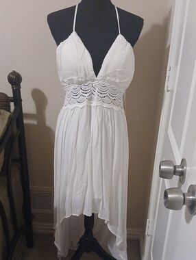 White Crochet Waist High-Low Halter Dress